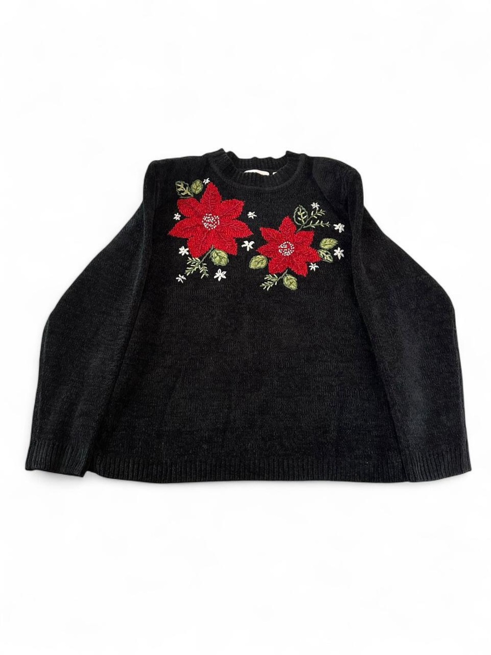 Alfred Dunner Black Crewneck Sweater with Red Floral Embroidery